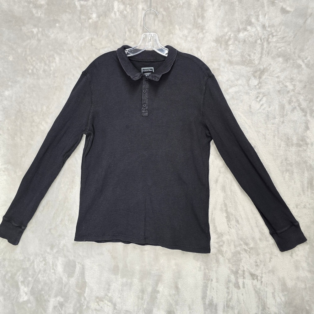 Calvin Klein Henley Men M Black Garment Dye Waffle Knit Long Sleeve Elbow Patch
